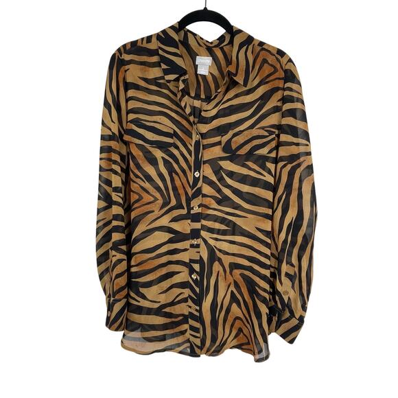 Chico's Size‎ 2 US 12 Button Up Brown Black Animal Print Sheer Top Long Sleeve - Picture 1 of 6